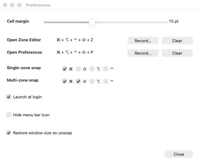SnappyZones Preferences screenshot
